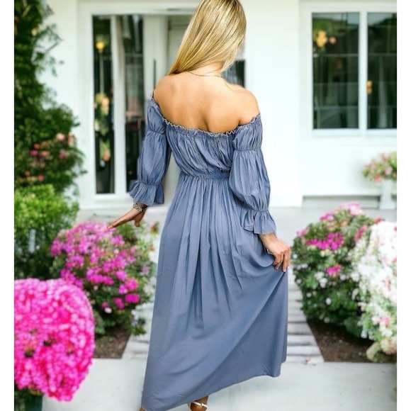 Anna-Kaci Dress Womens Small Blue Off Shoulder Crinkle Hi Low‎ Maxi Peasant Boho - Picture 2 of 7